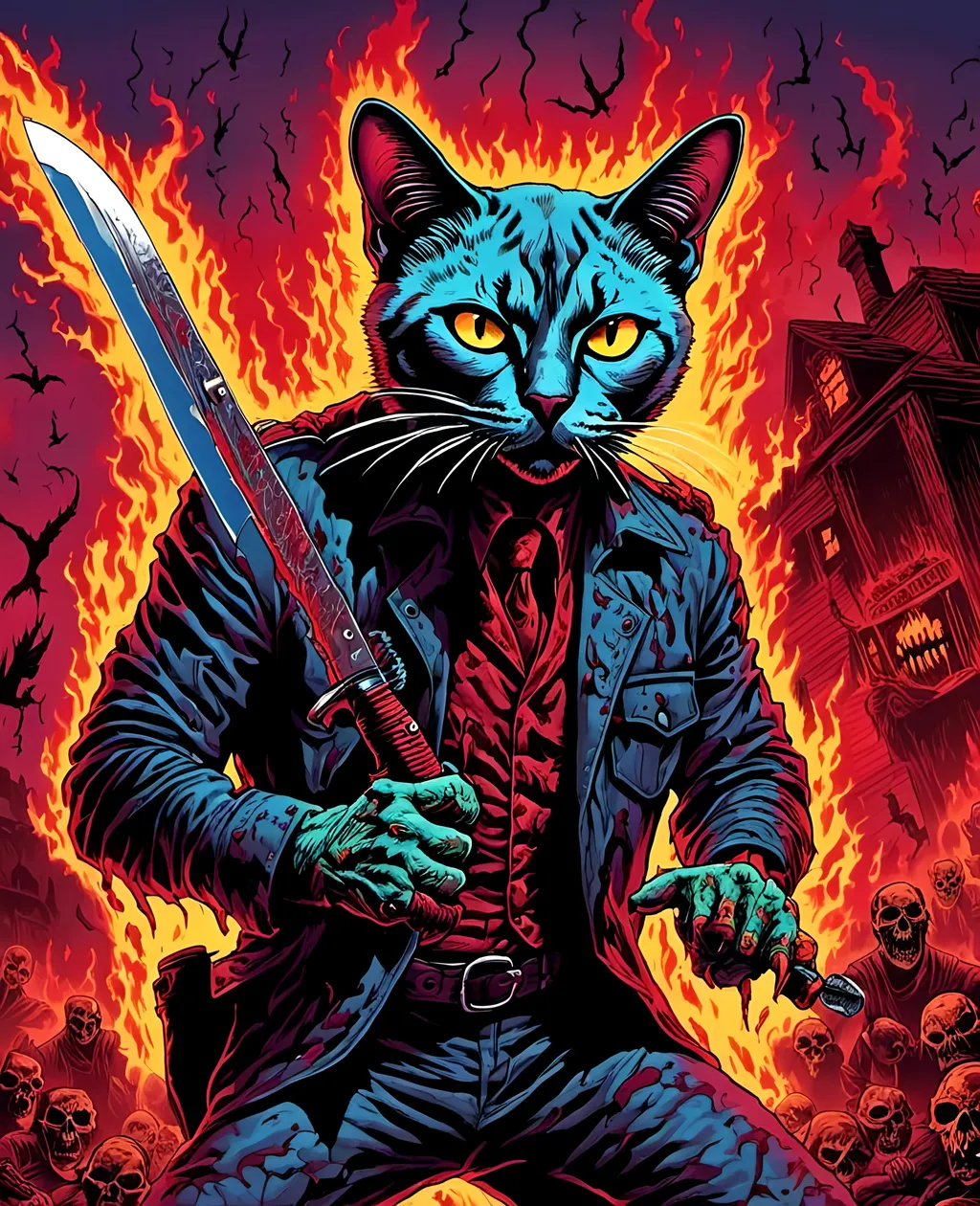 Prompt: Psychedelic scary strange psychotic siamese killer cat guy, 80s slasher horror killer catman creepy knife wielding feral feline killer mastermind, 
<mymodel> 