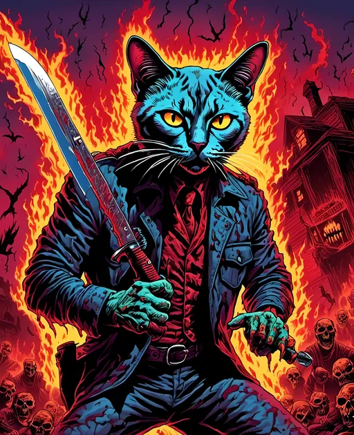 Prompt: Psychedelic scary strange psychotic siamese killer cat guy, 80s slasher horror killer catman creepy knife wielding feral feline killer mastermind, 
<mymodel> 