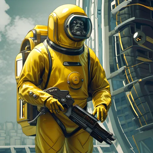 Prompt: a super villain, in the concept of exposure to radioactive pee so he has to wear a containment suit, except he is a pee villain, who is in a giant suit because he was exposed to radioactive super pee, so now this evil man in a giant yellow mechanized suit with a similar glass dome helmet, uses a pee gun like a pee flamethrower to splatter people with pee, his name is the Tinkler and he is a very evil very angry pee super villain, <mymodel>