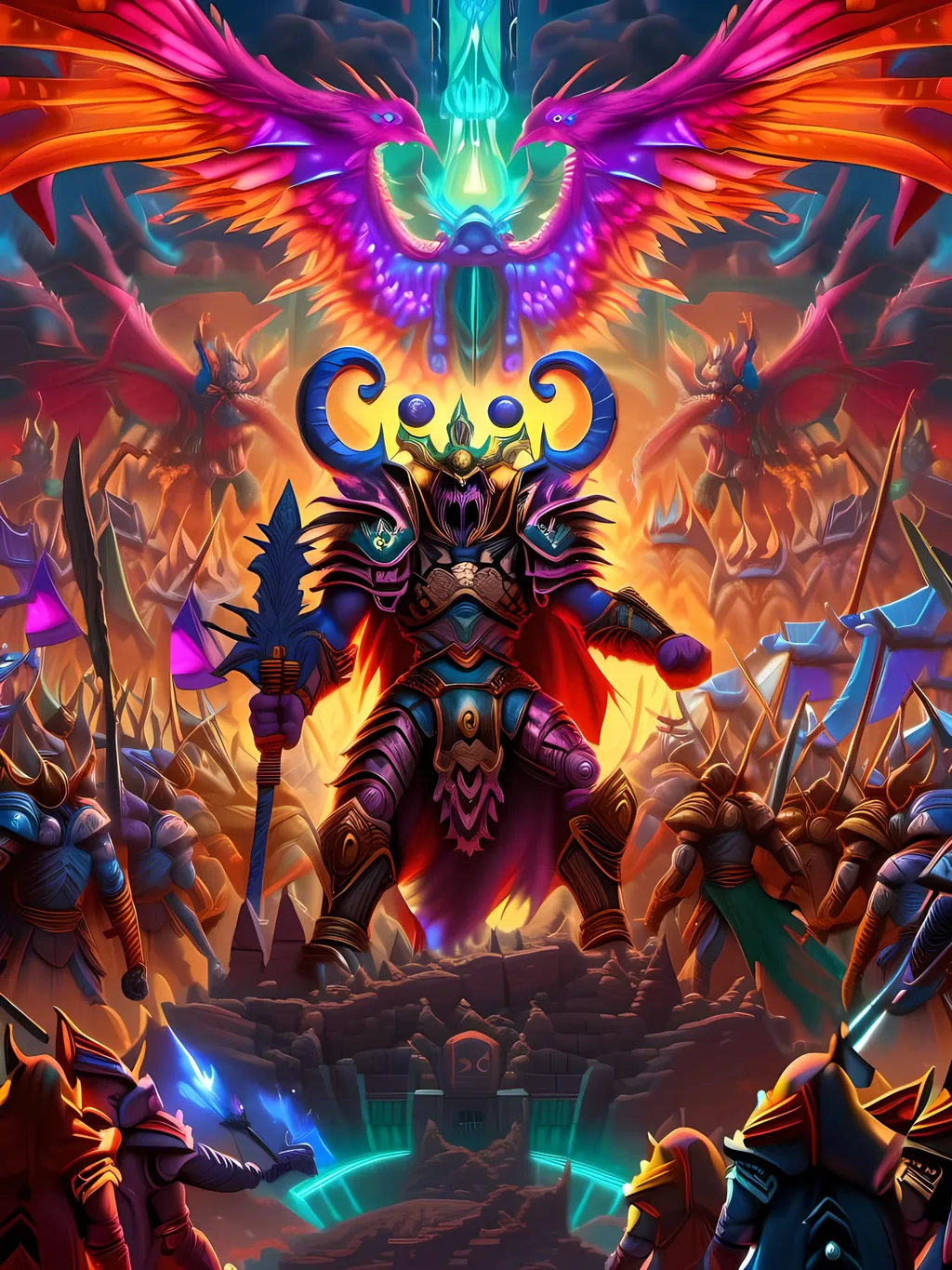 Prompt: A very psychedelic vivid fantasy battle scene, divine holy paladin righteous warrior in battle against insane hordes of evil various monstrosities and unholy evil creatures, using radiant light and warhammer and shield to fight back the encroaching darkness, ultra-detailed, ultra-realistic, vivid rich colors, intricate, elaborate, enhanced, absurdres, masterpiece, 8k, HD, raw, professional, extreme, <mymodel>