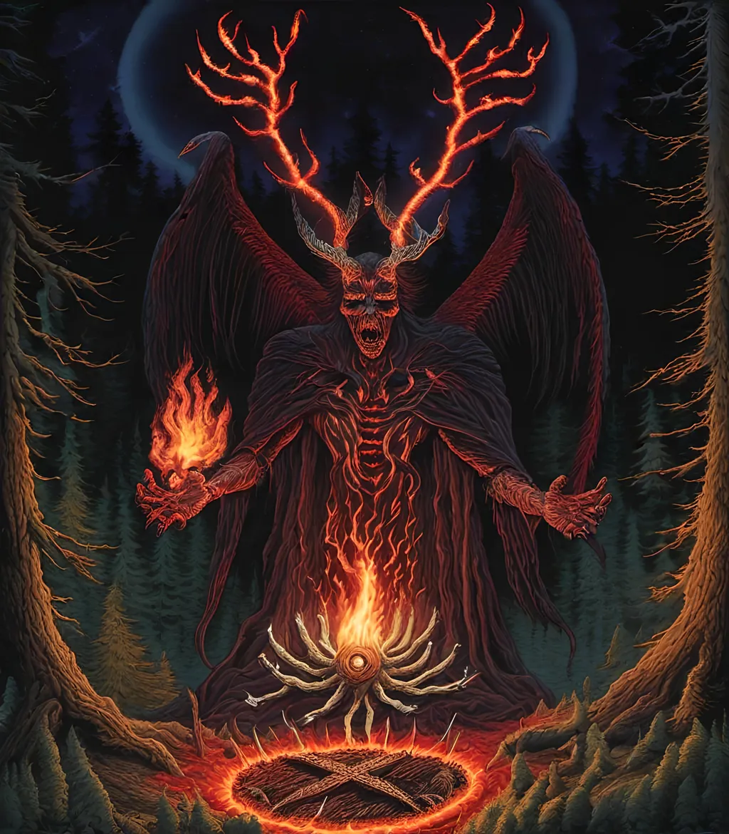 Prompt: A man is a Horrifying evil dark sorcerer magician, performing an unnatural black magic ritual magic circle of fire, in woods at night, full moon, ultra-detailed, ultra-realistic, vivid intricate elaborate fantastical detail, horror, fantasy , unholy magic ritual fire, <mymodel>