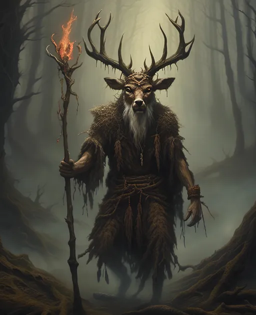 Prompt: Glowing eyes watch from the fog as old druid man wanders into evil forest, wearing deer head as helmet, covered in adornments of bone, carrying gnarled petrified wooden staff emanating light, <mymodel>