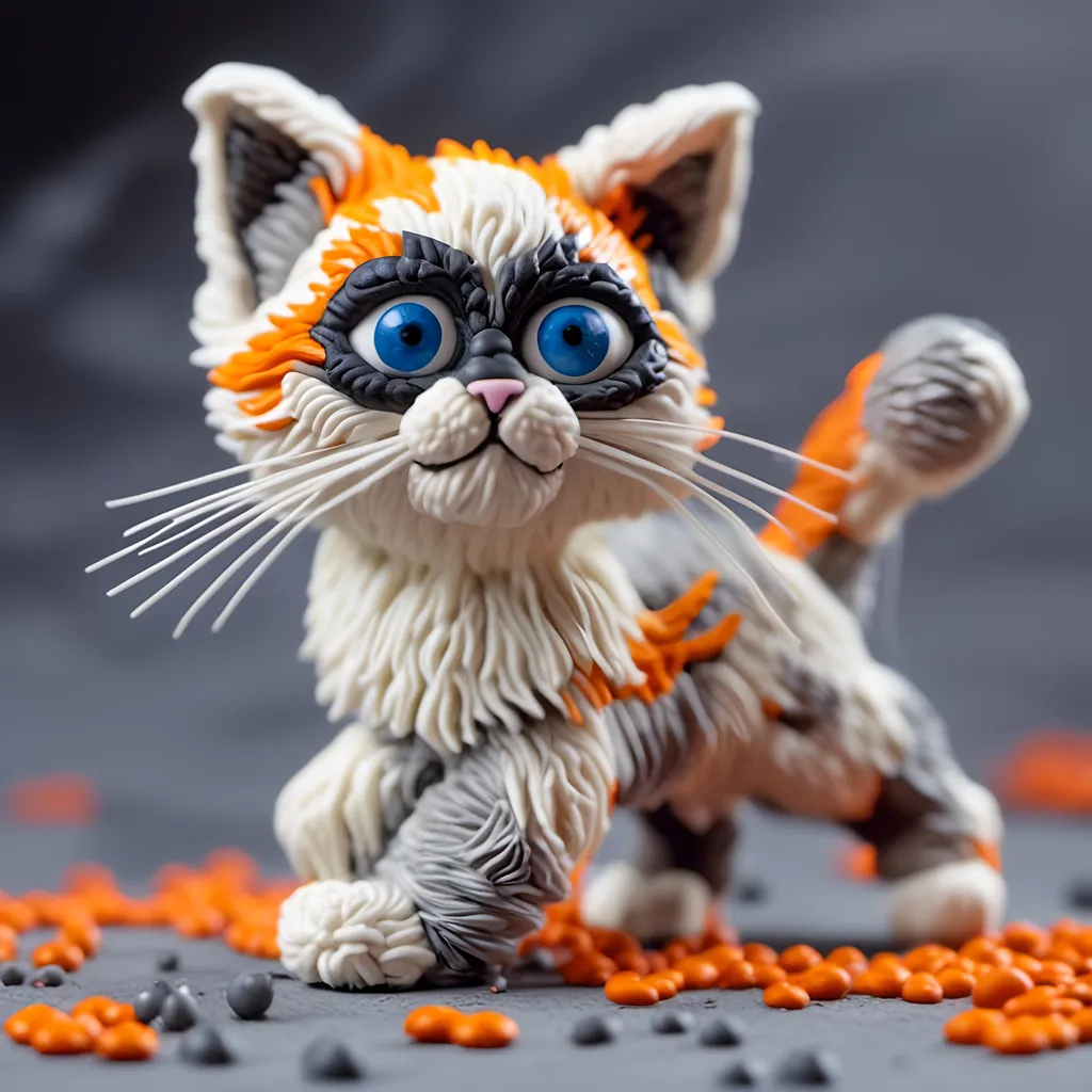 Prompt: Sly silly sneaky smart siamese cat, big blue eyes, white and orange and gray colored fur, sneaking up on her prey, preparing to pounce,stealthily, vividly intricately detailed masterwork masterpiece, in claymation stop motion animation style, <mymodel>