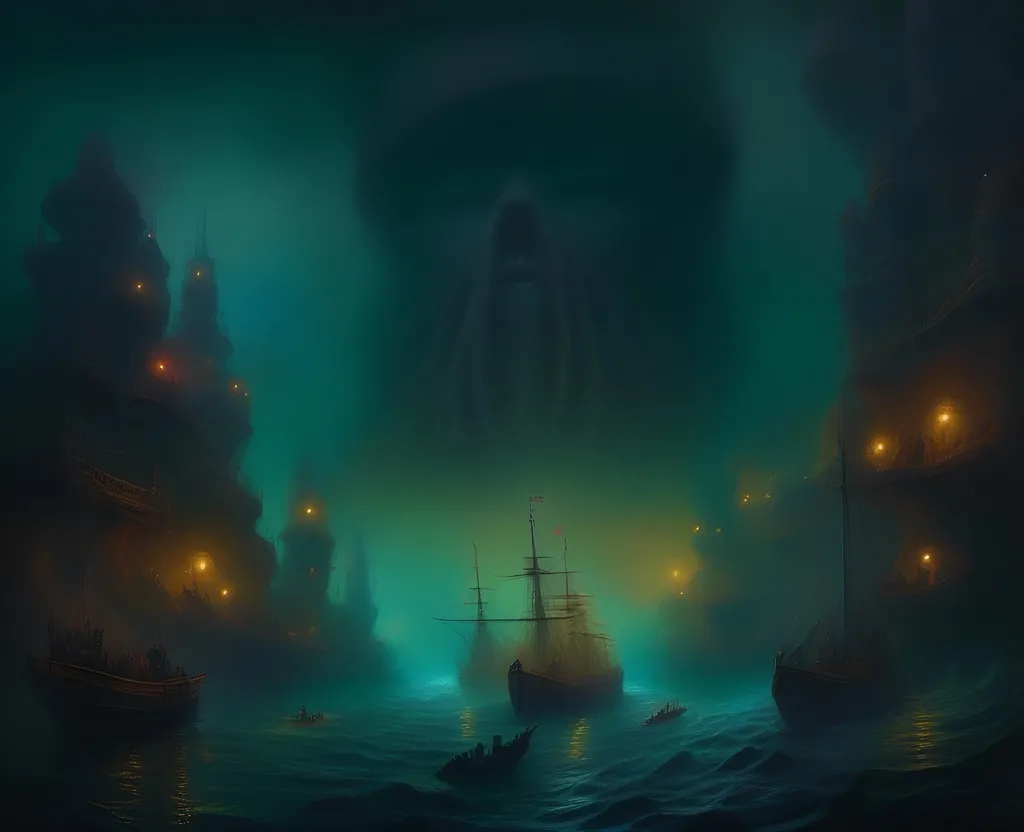 Prompt: In the heavy fog on the open ocean, something is emerging from the abyssal depths, ancient, timeless evil, it is night and dark, eerie horror, otherworldly horror, creepy lurking horror, looming, in the shadows, ultra-detailed vivid colorful creative complex composition, elaborate meticulous methodical fine tuned detailing  , best quality, best detail, absurdres, masterwork unique original brilliant masterpiece, highest quality, best detail, 4k HD, raw, professional, wide view, slr, excessive exaggerated outlandish over the top cartoon comic graphic novel adult cartoon animation art style, <mymodel>