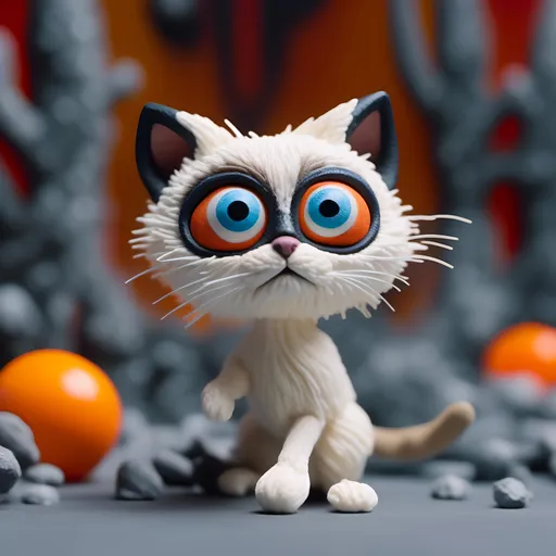 Prompt: Sly silly sneaky smart siamese cat, big blue eyes, white and orange and gray colored fur, sneaking up on her prey, preparing to pounce,stealthily, vividly intricately detailed masterwork masterpiece, in claymation stop motion animation style, <mymodel>