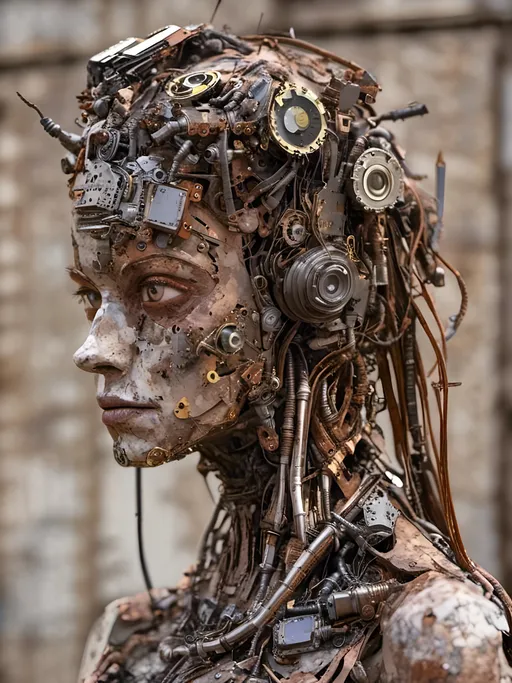 Prompt: A woman pieced together from scrap parts junk scrap electronics rusty metal broken old archaic technology pieced together into a woman ,<mymodel>