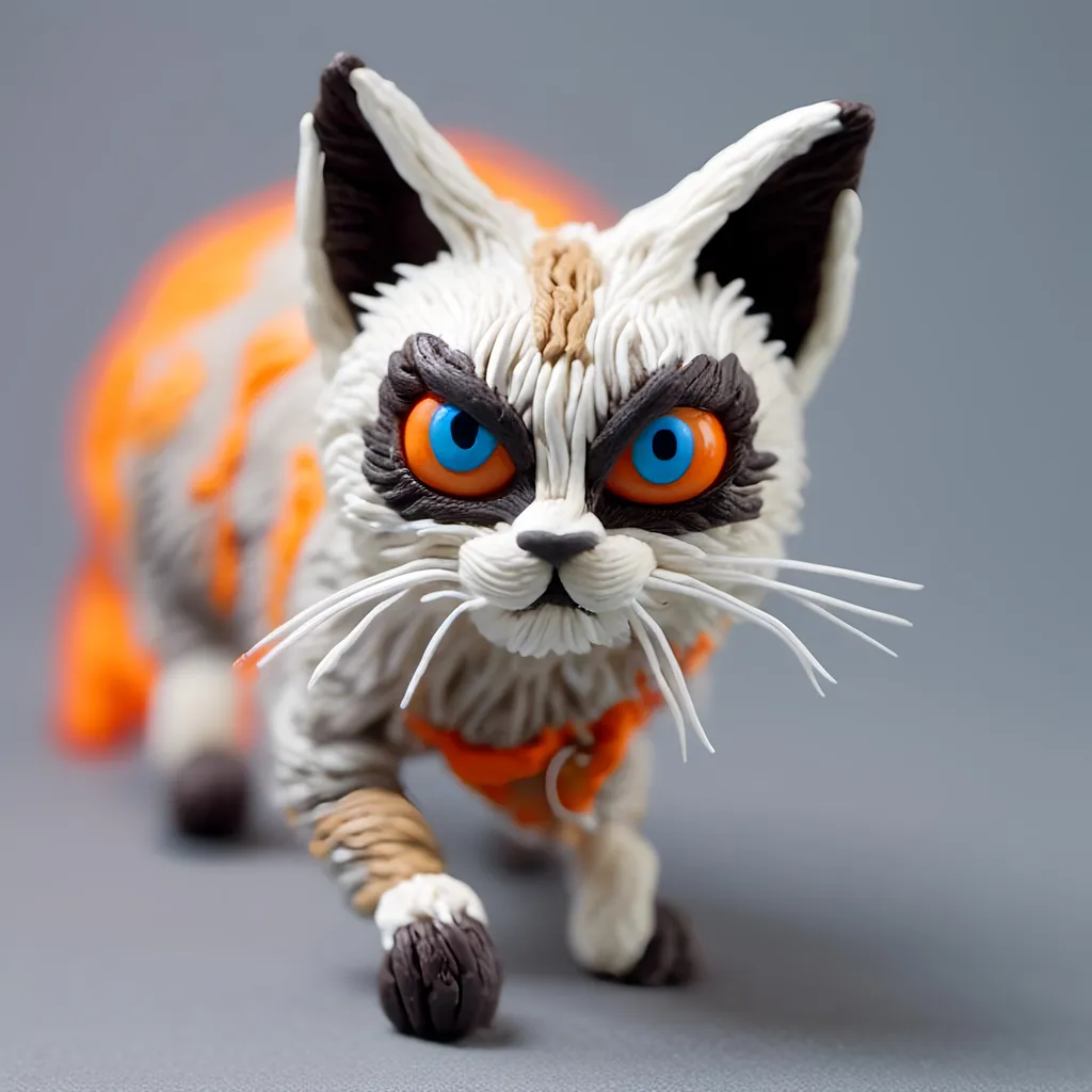 Prompt: Sly silly sneaky smart siamese cat, big blue eyes, white and orange and gray colored fur, sneaking up on her prey, preparing to pounce,stealthily, vividly intricately detailed masterwork masterpiece, in claymation stop motion animation style, <mymodel>