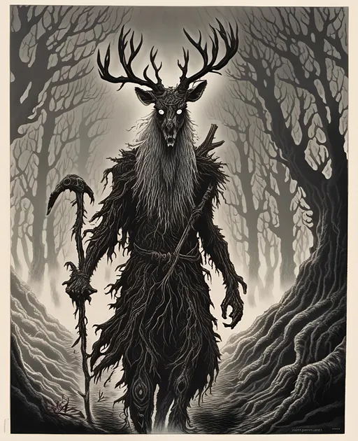 Prompt: Glowing eyes watch from the fog, forest of fire and blood, blood fog, many eyes watch, as old druid man wanders into evil forest, wearing deer head as helmet, covered in adornments of bone, carrying gnarled petrified wooden staff emanating light, <mymodel>