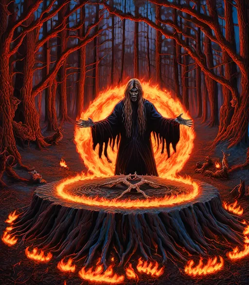 Prompt: A man is a Horrifying evil dark sorcerer magician, performing an unnatural black magic ritual magic circle of fire, in woods at night, full moon, ultra-detailed, ultra-realistic, vivid intricate elaborate fantastical detail, horror, fantasy , unholy magic ritual fire, <mymodel>