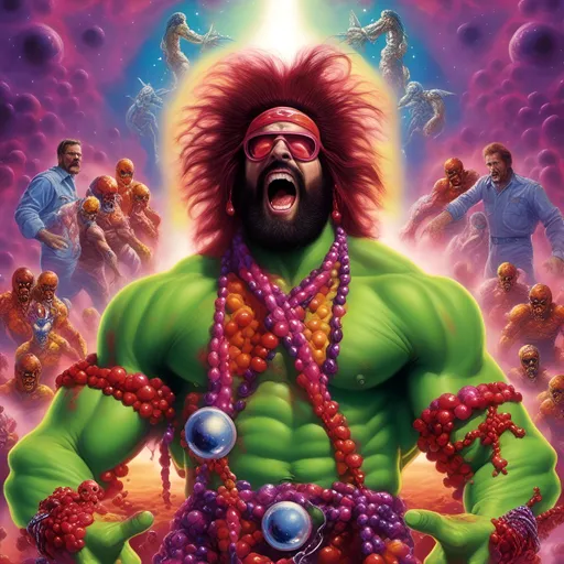 Prompt: An outlandish comical excessive exaggerated insane spoof rendition of macho man randy savage as an alien from the film alien chest burster bursting out of hulk hogans chest, 
 <mymodel>