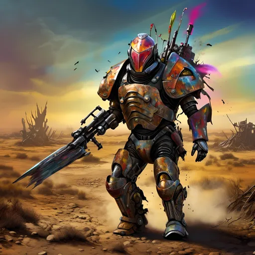 Prompt: A soldier in a futuristic mechanical enhanced suit of armor wearing a tattered tabard over chest armor, carrying wacky unique home made weapon and shield, marching across the post apocalyptic wasteland, a mechanically enhanced knight in a post apocalyptic psychedelic wasteland, ultra-detailed vivid colorful creative complex composition, best quality, retro, bizarre, odd, quirky, <mymodel>