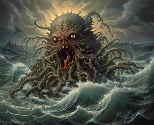 Prompt: Something ancient and evil stirs in the abyssal zone, ocean, deep, monster, amogamation, abomination, nightmarish, eerie, soft haunting glow, otherworldly, open ocean, terrifying, old one, prehistoric, horror, ocean terror,  <mymodel>