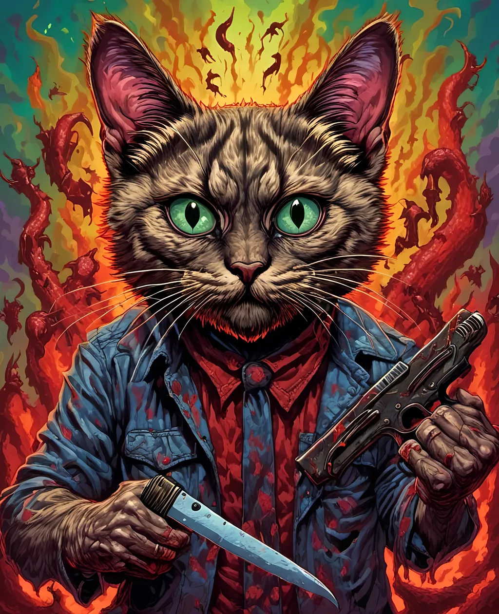 Prompt: Psychedelic scary strange psychotic siamese killer cat guy, 80s slasher horror killer catman creepy knife wielding feral feline killer mastermind, 
<mymodel> 