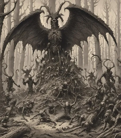 Prompt: Black magic blood magic necromancy secret spell cast in the ancient woods of fire pain and death, grim gruesome abominations unholy creations rise up from blackened ash forest floor, <mymodel>