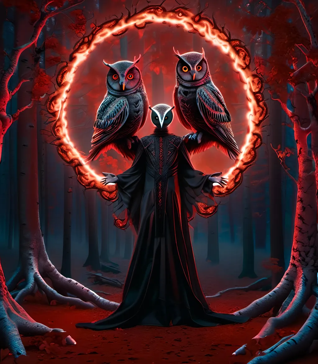 Prompt: A man is a Horrifying evil dark sorcerer magician half humanoid half owl demon creature, performing an unnatural black magic ritual magic circle of fire, in woods at night, full moon, ultra-detailed, ultra-realistic, vivid intricate elaborate fantastical detail, horror, fantasy , unholy magic ritual fire, a circle of white birch trees, red velvet curtains pull back, portal gateway of fire, black lodge, terrifying, creepy,eerie, heavy fog, dark night, full moon, unsettling anxieties, <mymodel>