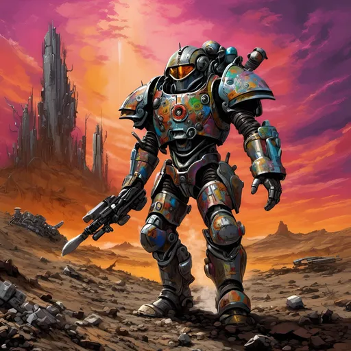 Prompt: A soldier in a futuristic mechanical enhanced suit of armor marching across the post apocalyptic wasteland, a mechanically enhanced knight in a post apocalyptic psychedelic wasteland, ultra-detailed vivid colorful creative complex composition, best quality, retro, bizarre, odd, quirky, <mymodel>