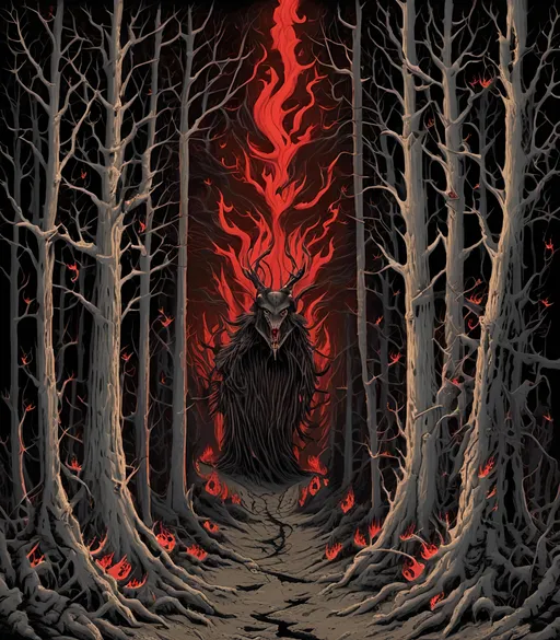 Prompt: Black magic blood magic necromancy secret spell cast in the ancient woods of fire pain and death, grim gruesome abominations unholy creations rise up from blackened ash forest floor, <mymodel>