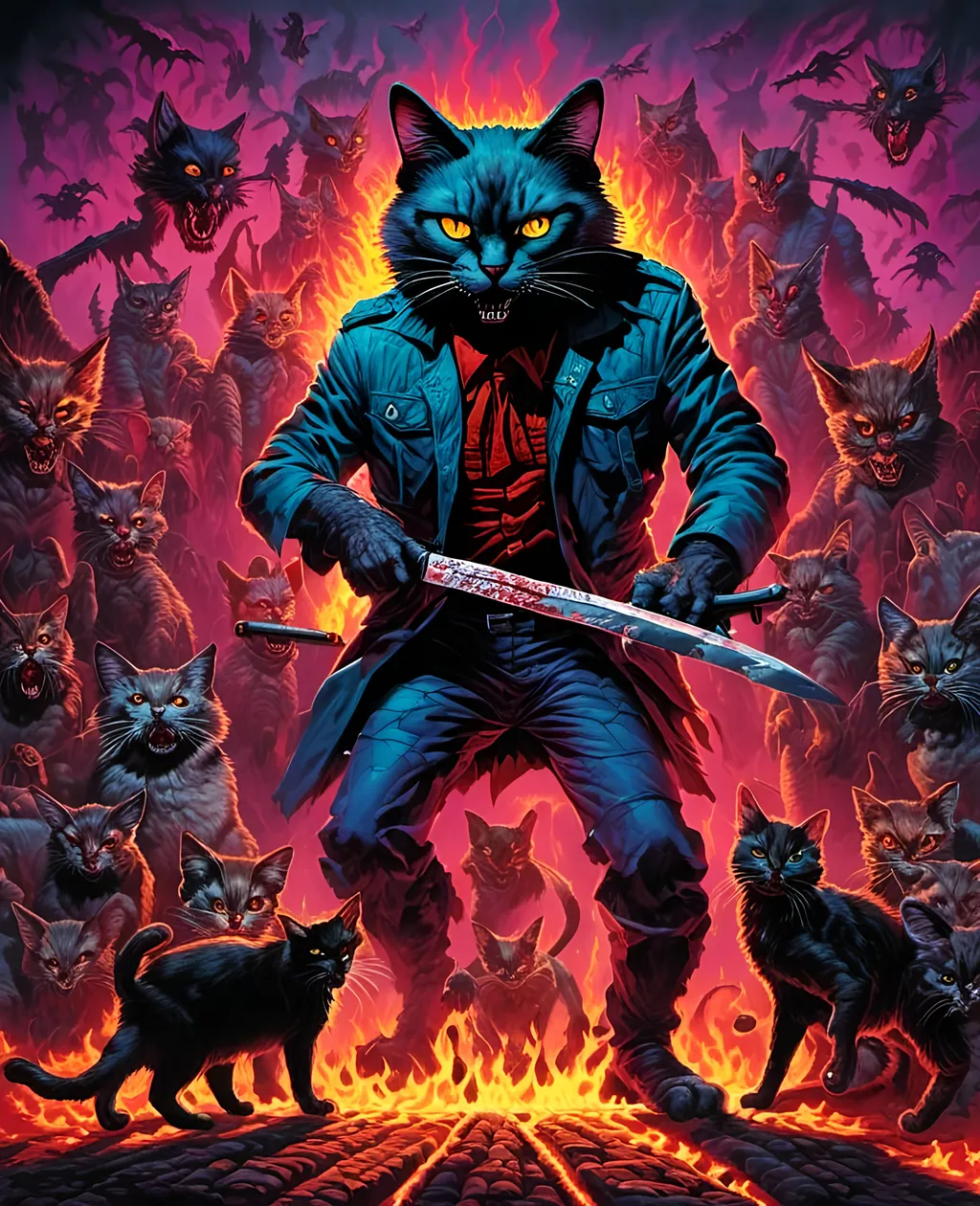 Prompt: Psychedelic scary strange psychotic siamese killer cat guy, 80s slasher horror killer catman creepy knife wielding feral feline killer mastermind, 
<mymodel> 