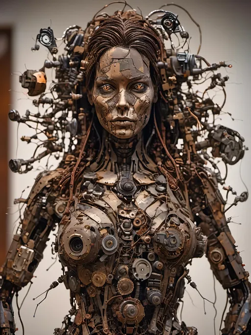 Prompt: A woman pieced together from scrap parts junk scrap electronics rusty metal broken old archaic technology pieced together into a woman ,<mymodel>