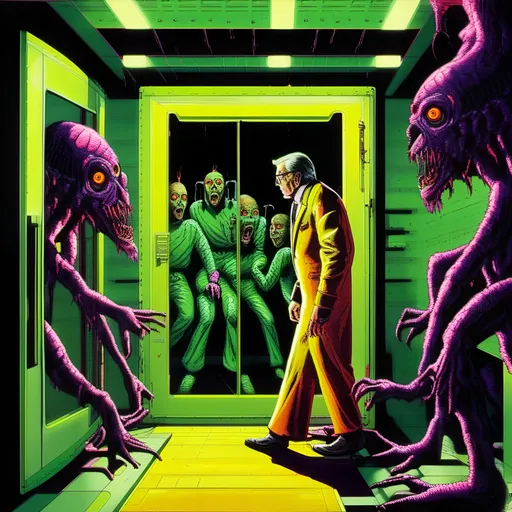 Prompt: A man trapped in a radiation chamber banging on door as colleagues watch his flesh melt off as he turns into an insane mutated monstrosity in some kind of bizarre style very outlandish over the top 90s like if cronenberg got ahold of toxic crusaders or if Clive Barker did captain planet type of style, if Jim henson and hp Lovecraft were one visual style, 
 <mymodel>