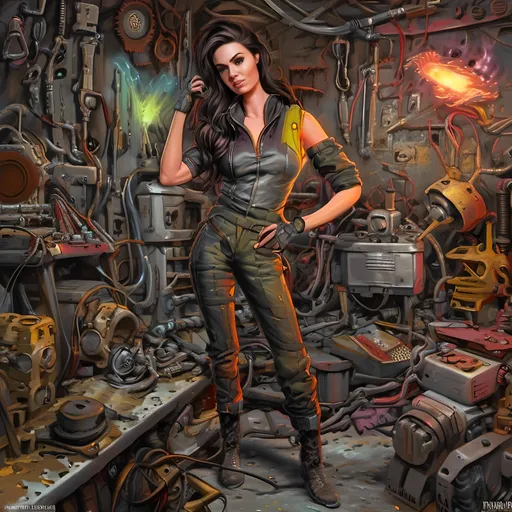 Prompt: A grease covered dirty hot petite fit mechanic girl, mechanic jumpsuit, tattered, wrench and futuristic post apocalyptic tools, post apocalyptic fix it all workshop girl, dystopian psychedelic apocalyptic tinkerer scavenger mechanic girl, outlandish, exaggerated, wacky, fantastical, ultra-detailed vivid colorful creative complex composition, best quality, retro, bizarre, odd, quirky, <mymodel>