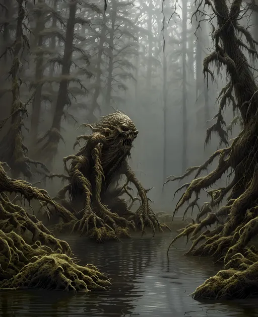 Prompt: Giant lurking swamp abominations lurching looming in the swamp fog bog gas, evil horrors evolved mutated in toxic swampland, horrifying amogamation monster cerebral horror, soft glow, night, dense fog, otherworldly, <mymodel>