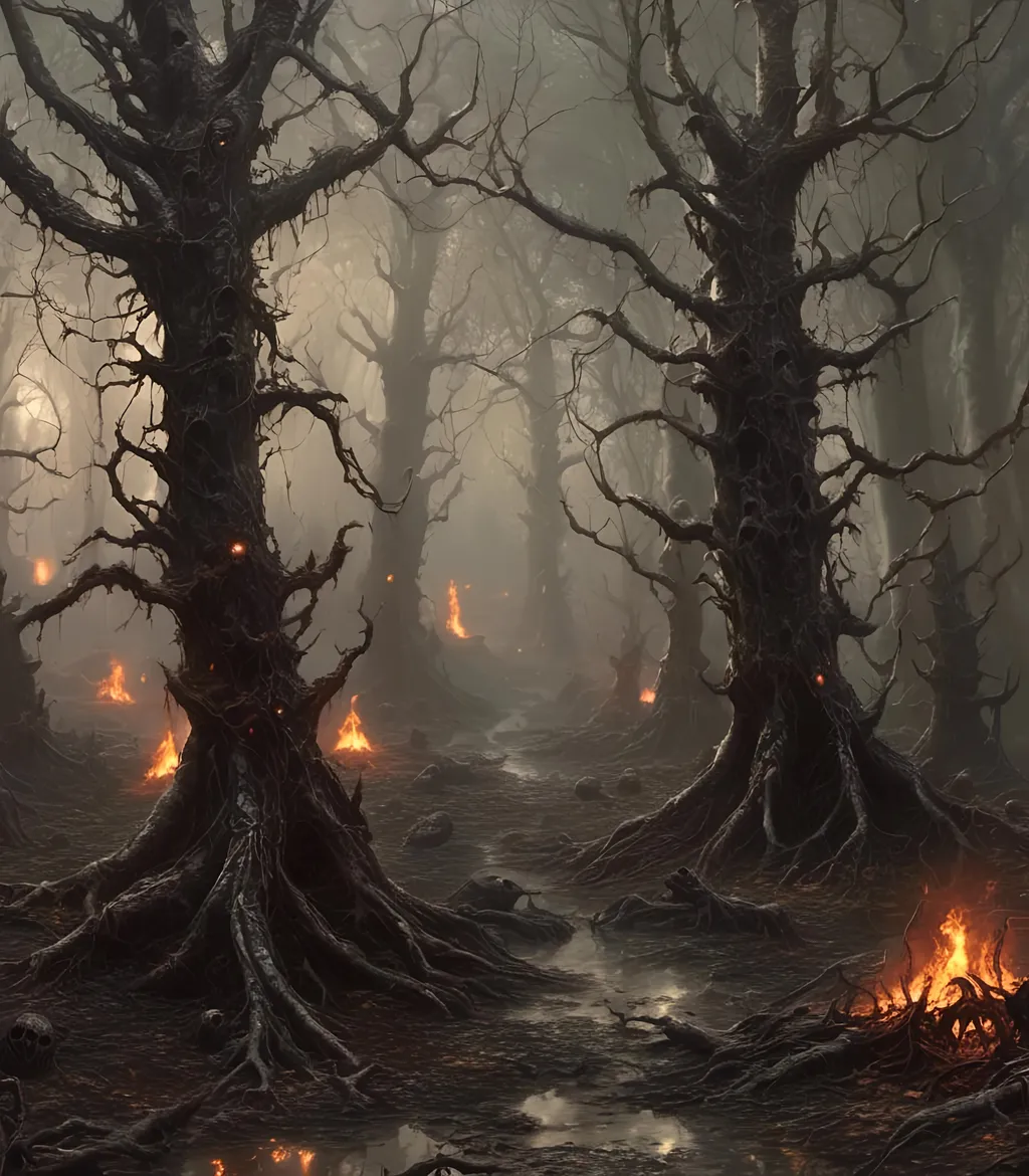 Prompt: Black magic blood magic necromancy secret spell cast in the ancient woods of fire pain and death, grim gruesome abominations unholy creations rise up from blackened ash forest floor, <mymodel>