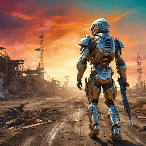 Prompt: A soldier in a futuristic mechanical enhanced suit of armor marching across the post apocalyptic wasteland, a mechanically enhanced knight in a post apocalyptic psychedelic wasteland, ultra-detailed vivid colorful creative complex composition, best quality, retro, bizarre, odd, quirky, <mymodel>