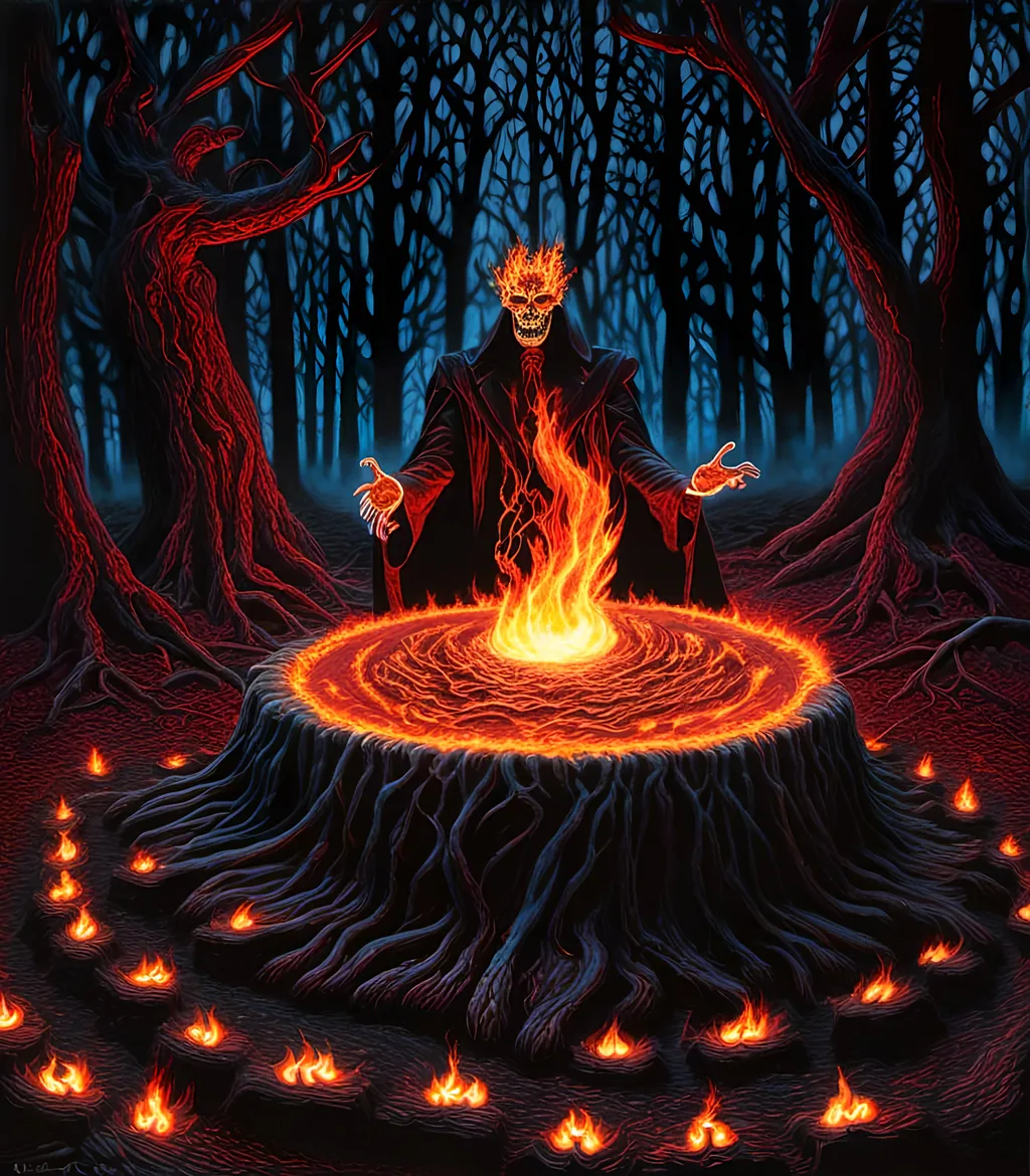 Prompt: A man is a Horrifying evil dark sorcerer magician, performing an unnatural black magic ritual magic circle of fire, in woods at night, full moon, ultra-detailed, ultra-realistic, vivid intricate elaborate fantastical detail, horror, fantasy , unholy magic ritual fire, <mymodel>