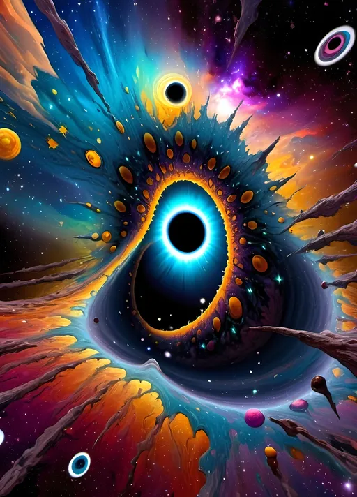 Prompt: Psychedelic collapsed star turned into a black hole devouring an entire galaxy swallowing up all the stars swirling death spiral into oblivion, as black hole distorts reality bending light and destroying entire  galaxy, in vivid psychedelic intricate fantastical amazing wondrous detail, hyper colors, ultra cosmic crazy cool deep space black hole dying galaxy scene 