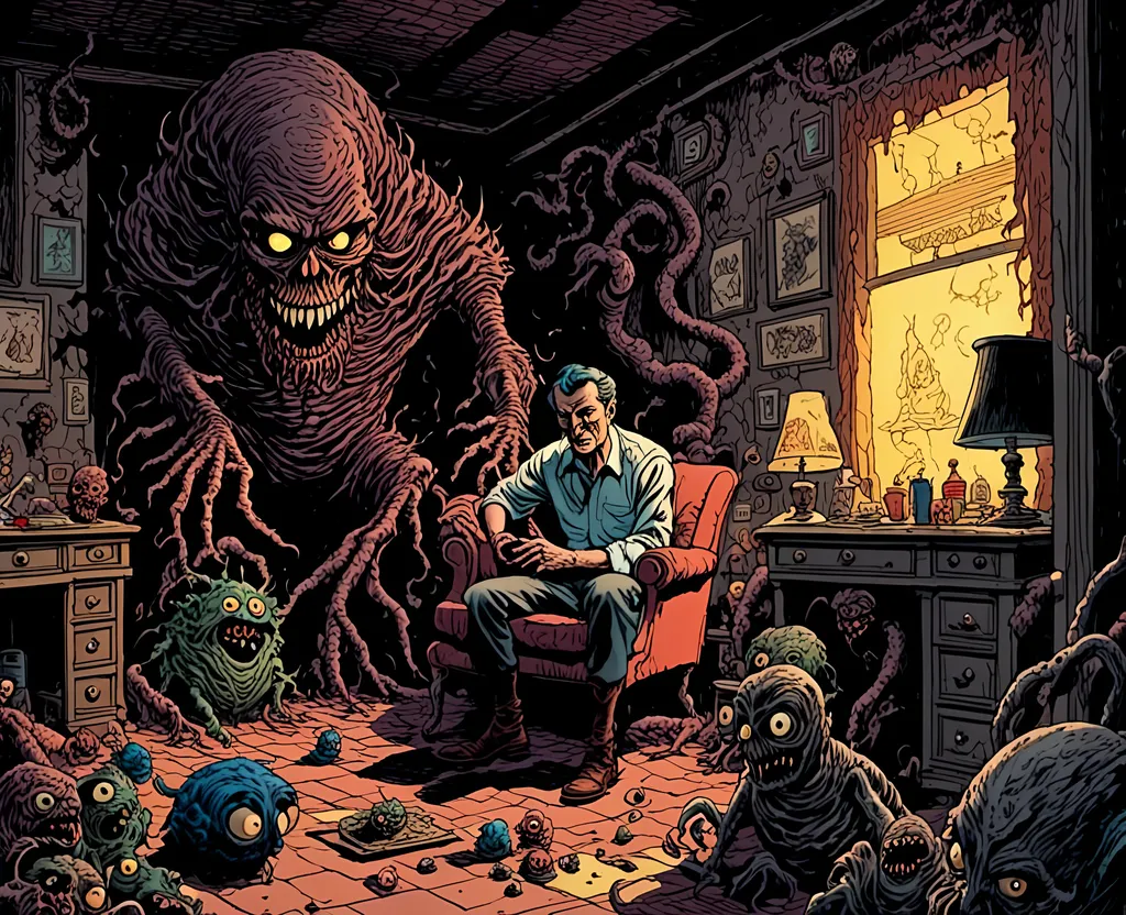 Prompt: A man in a dark room full of junk staring at the shadow creature in the corner staring back at him, <mymodel>