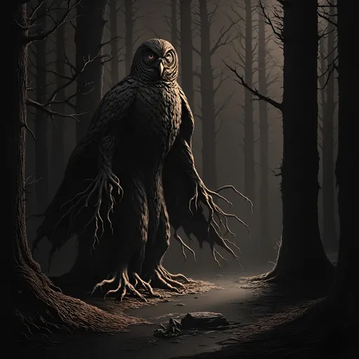 Prompt: dreamlike, precisionistic hyper surrealism, horrifying monster trees in the evil woods at night, heavy fog, otherworldly ominous owl creature within the forest of monster trees, ethereal eerie nightmare aesthetic, creepy creative complex unique original composition, vividly colored, fire walk with me