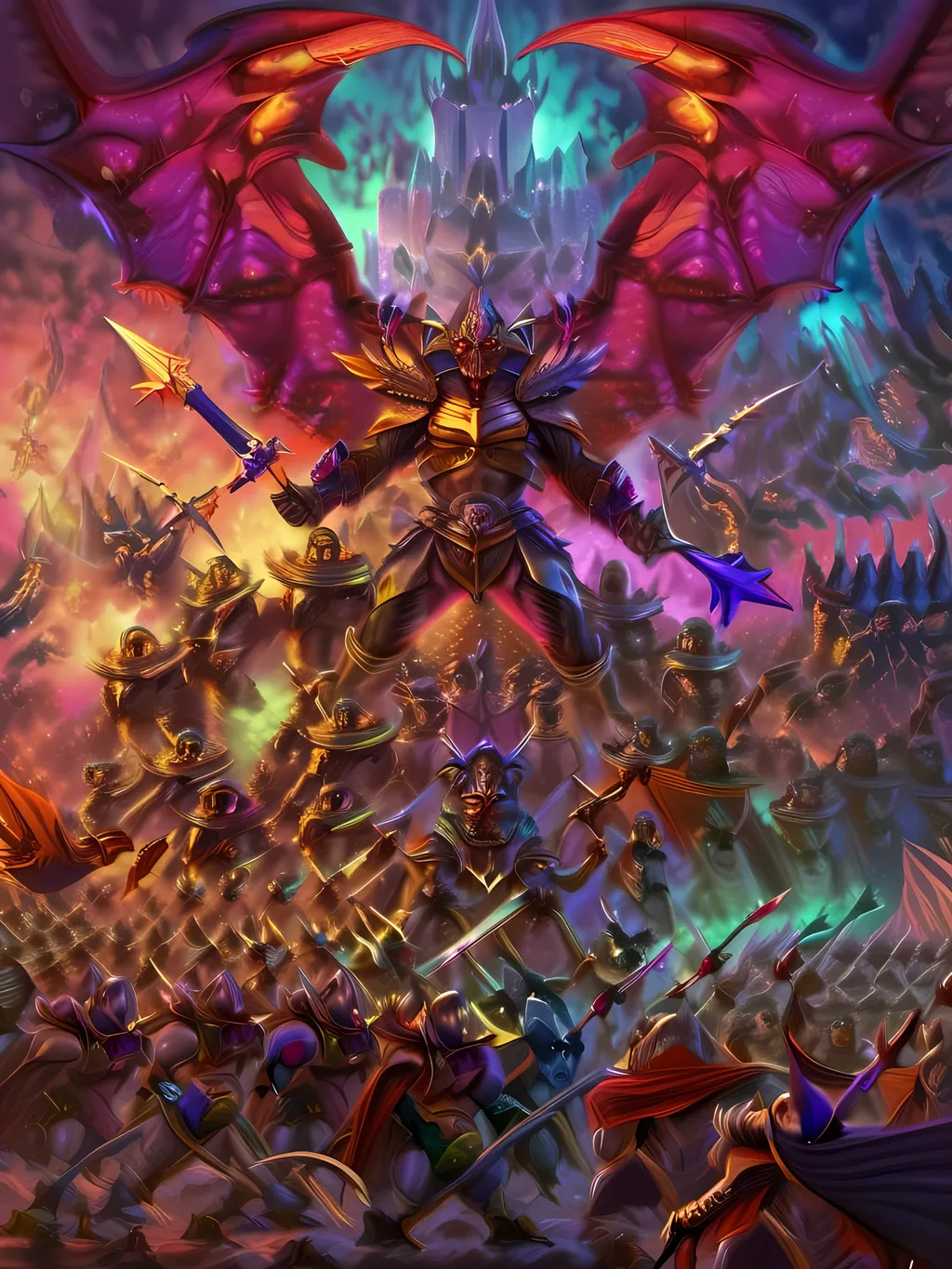 Prompt: A very psychedelic vivid fantasy battle scene, divine holy paladin righteous warrior in battle against insane hordes of evil various monstrosities and unholy evil creatures, using radiant light and warhammer and shield to fight back the encroaching darkness, ultra-detailed, ultra-realistic, vivid rich colors, intricate, elaborate, enhanced, absurdres, masterpiece, 8k, HD, raw, professional, extreme, <mymodel>