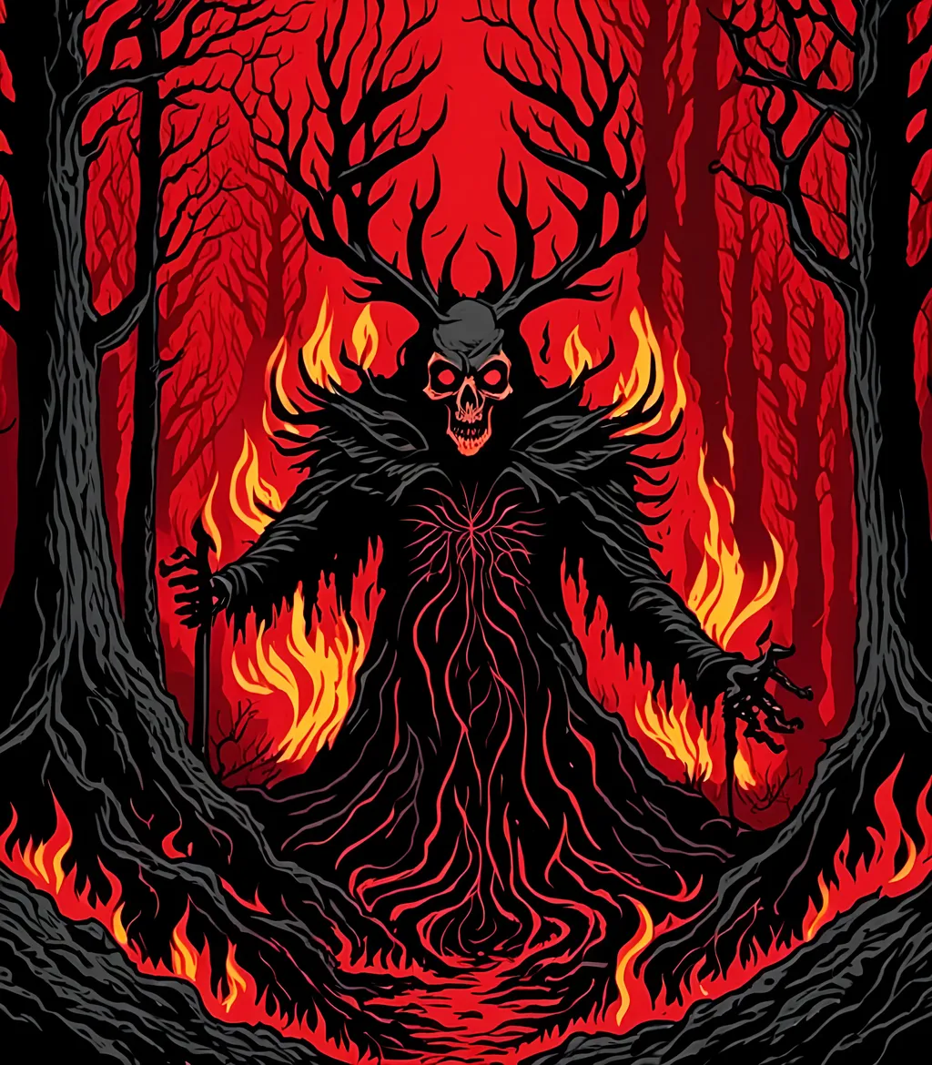 Prompt: Black magic blood magic necromancy secret spell cast in the ancient woods of fire pain and death, grim gruesome abominations unholy creations rise up from blackened ash forest floor, <mymodel>