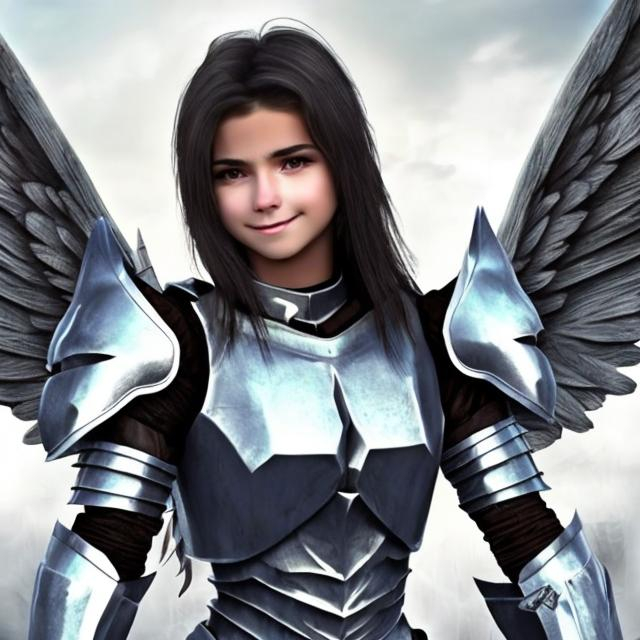 Prompt: beautiful guardian angel warrior girl, 22 years old, small smile dark brown or black hair, silver armor, small chest, big white wings