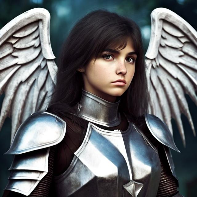 Prompt: beautiful guardian angel warrior girl, 22 years old, dark brown or black hair, silver armor, small chest, wings that are big and white, bangs