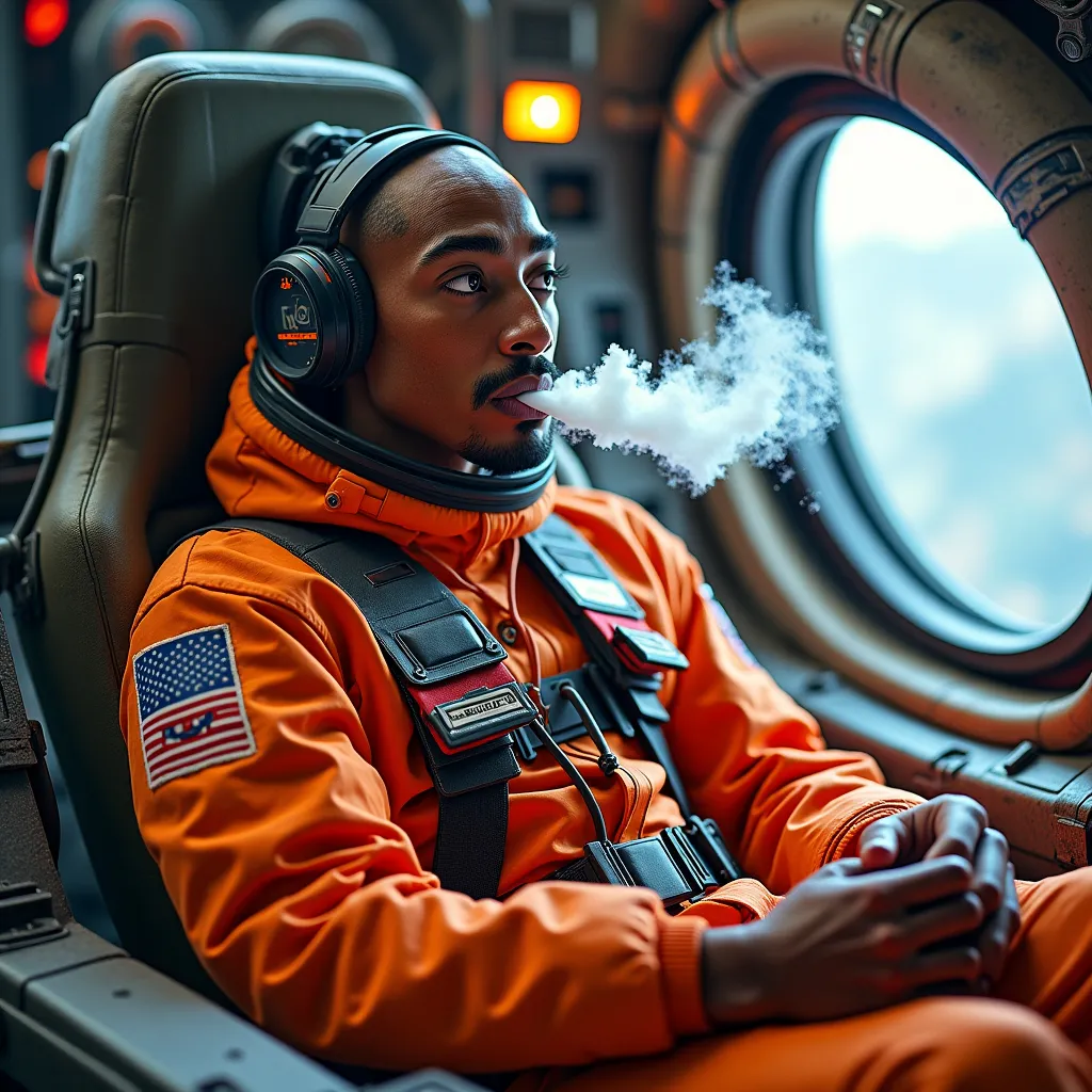 Prompt: Tupac Shakur in a space craft smoking weed