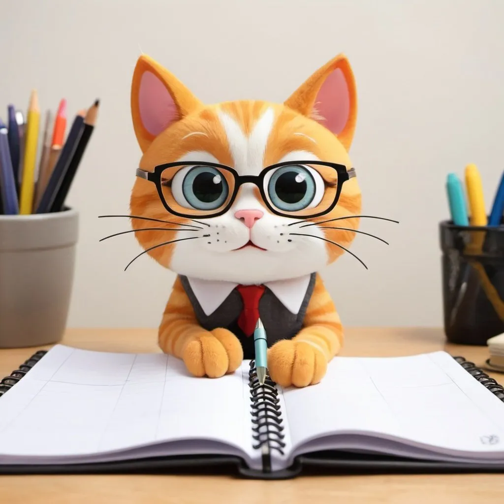 Prompt: a cartoon cat writing in a planner