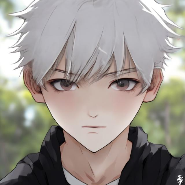 Prompt: 1 boy, yellow eyes, white hair, white shirt, black short