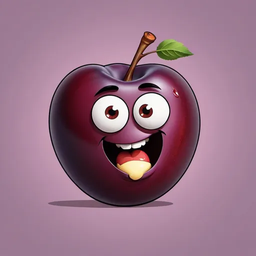 Prompt: A cartoon plum that has a bite on it like apple logo and is losting over food
