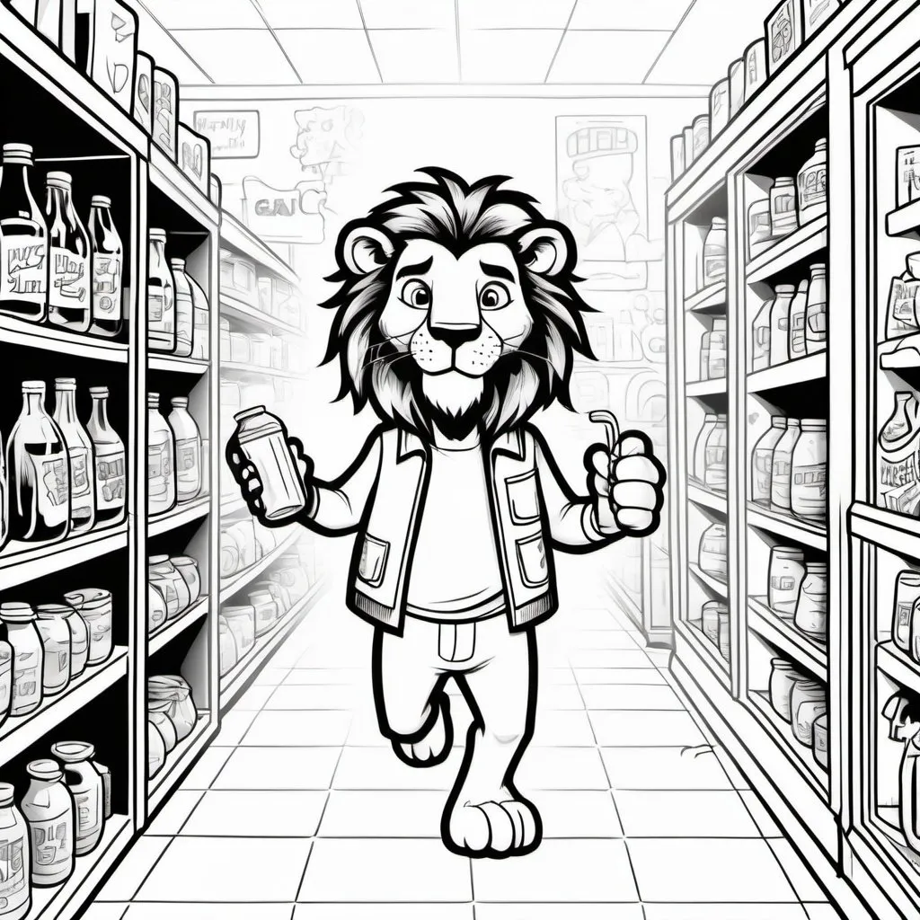 Prompt: imagine coloring book page, cartoon character, anthropomorphic lionleaving a bodega with a juicebox in its hand, comic book style, simple --s 150