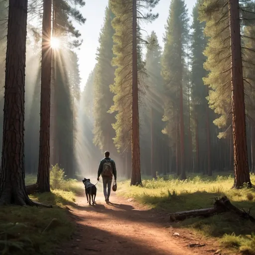 Prompt: A guy in forest, walking with dog, deep forest, very big pine trees, sunlight coning from side