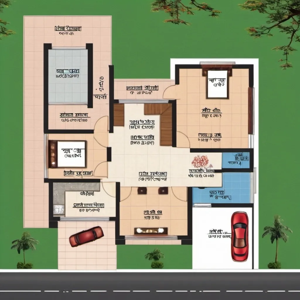 Prompt: plot width is 32 feet and length 50 feet. I want 2 bed room, 1 drawing room, 1 dining hall, 1 kitchen, 1washroom with linked with dining hall so it will be common for all, 1 washroom should be outside, 1 stairs, big Parking are, Kitchen should be on south east corner, 1 pooja room, plot is east facing, and should be according to Vastu