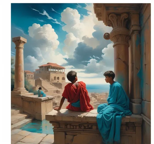 Prompt: Bathed in vibrant colors and dynamic brush strokes, this scene captures the essence of an ancient civilization under a swirling sky of deep blues and whites. Prominent in the foreground, a young boy, adorned in a striking red and turquoise ensemble, leans pensively against a decorative stone railing, his expression contemplative as he gazes bored out toward a bustling scene below. Nearby, another figure dressed in pink appears to be reading, contrasting with the lively activity of workers who are laboriously transporting stones and other materials in the background, evoking a sense of industriousness. Towering ancient structures, with intricately designed columns and hieroglyphs, anchor the scene, while hints of tropical vegetation peek through, suggesting a rich, warm climate. Overall, the painting conveys a narrative of progress and reflection, harmonizing the busy life of the community with the quiet introspection of its individuals.