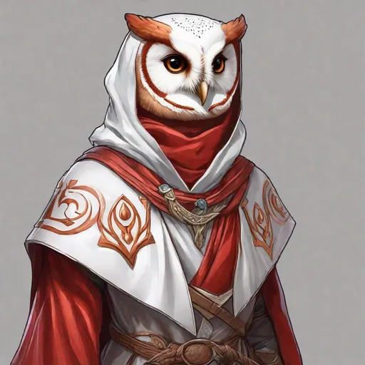 Prompt: Red Barn Owl Humanoid cleric rogue thief robe hood d&d realistic drawing 
