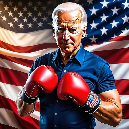 Prompt: Joe Biden lookalike in boxing gloves, realistic oil painting, confident expression, American flag background, high quality, realistic, presidential, patriotic, traditional, detailed facial features, strong stance, professional lighting, warm tones, patriotic