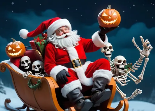 Prompt: Tim Burton's "Jack Lantern" (dressed as Santa Claus), flying in a sleigh with skeleton reinders, into a Christmas night- Tim Burton style