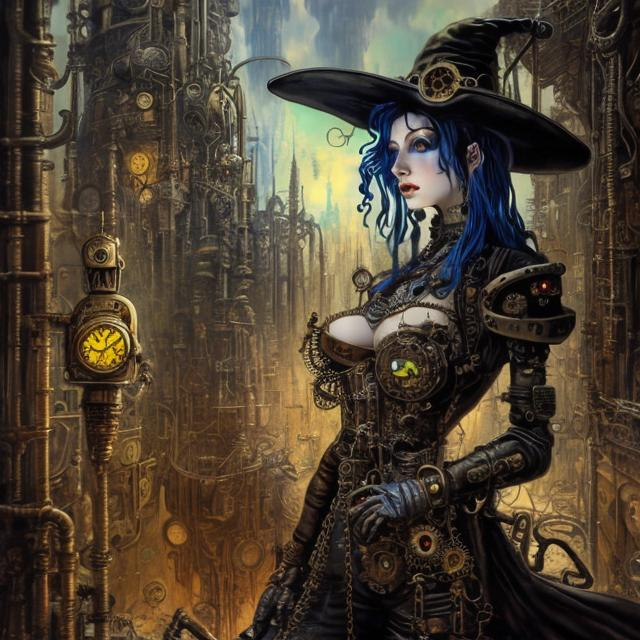 Prompt: "steampunk witch" in a cyberpunk castle - artwork by Salvador Dali - sharp focus, very focused, high definition, very detailed, intricate
