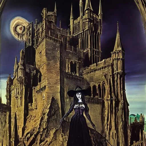 Prompt: "gothic witch" in a haunted castle - artwork by Salvador Dali - sharp focus, very focused, high definition, very detailed, intricate