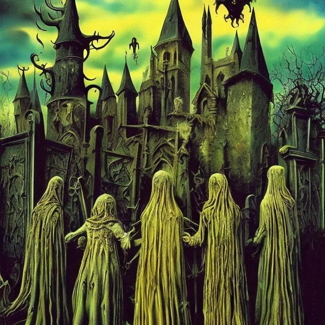 Prompt: "medieval witches" at the graveyard, with many weird zombies - artwork by Salvador Dali - sharp focus, very focused, high definition, very detailed, intricate